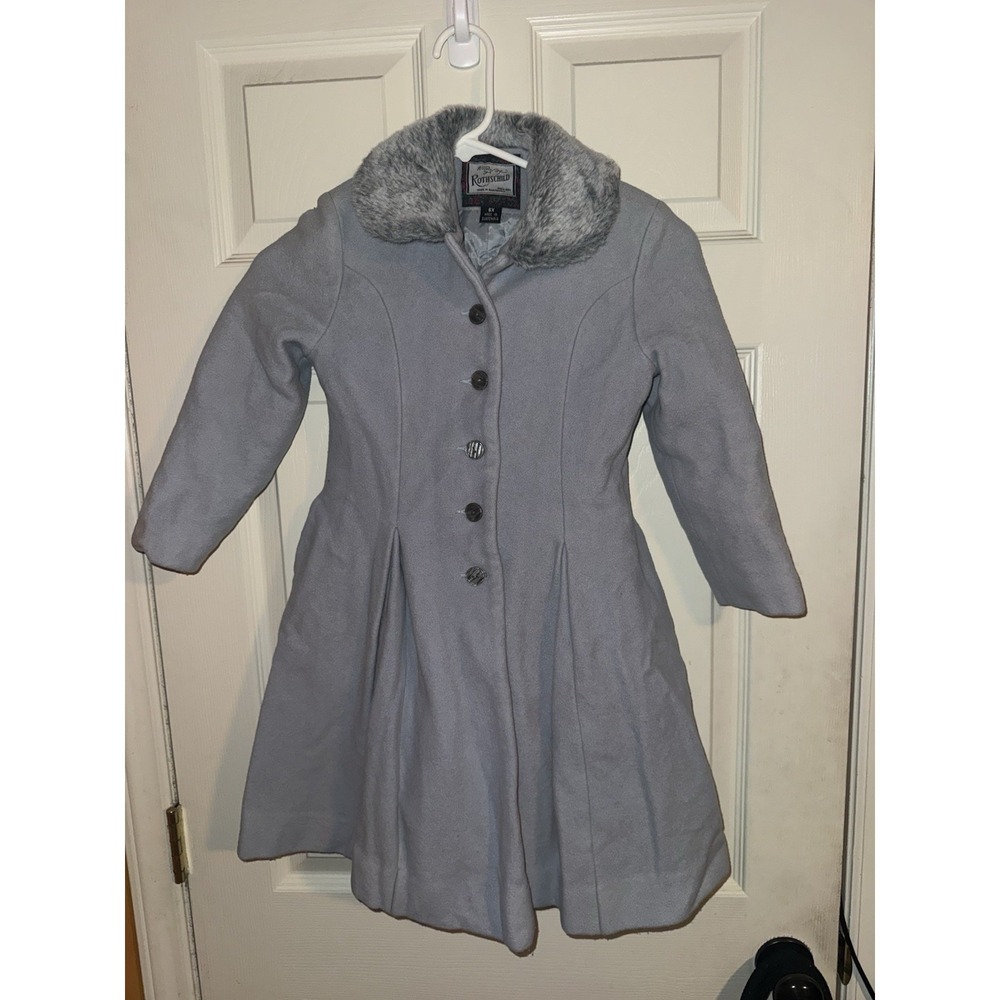 Vintage Rothschild Girls 100% Wool Dress Coat Gray Faux Fur Size 6x Flare